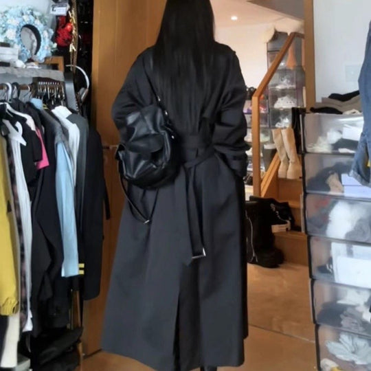 Damen Langer Doppelreihiger Trenchcoat mit Schalkragen, Oversize-Schnitt und verdecktem Taillenband Nord Taschen