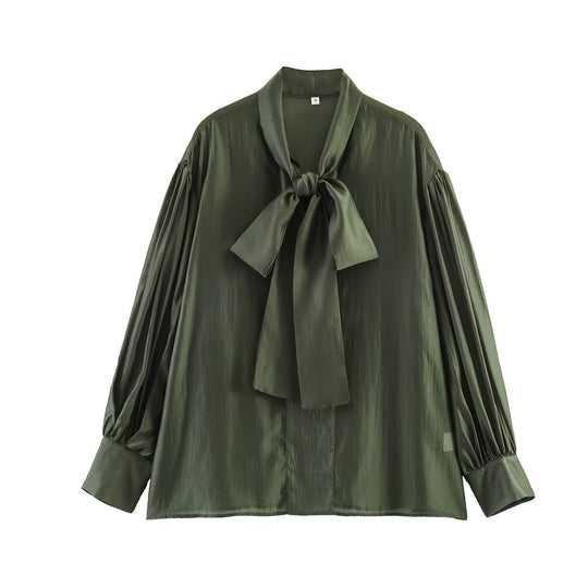 Damen Schluppenbluse aus glänzendem Satin mit voluminösen Ballonärmeln Nord Taschen