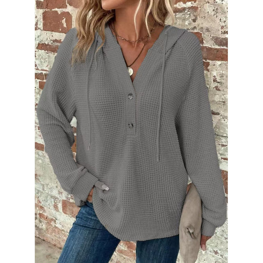 Damen Waffelstrick-Hoodie mit Henley-Knopfleiste und Oversize-Schnitt Nord Taschen