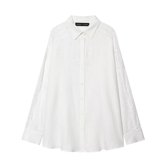 Damen Oversize Leinenbluse mit Spitzeneinsatz an Ärmeln und verdeckter Knopfleiste Nord Taschen