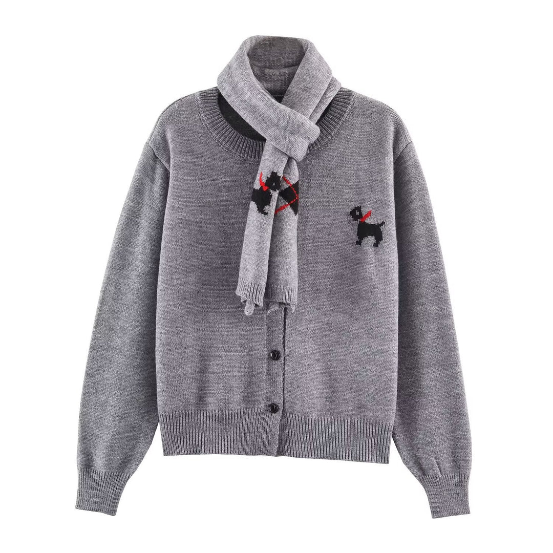Damen Gestrickte Kurzjacke mit integriertem Schal und Hundeintarsie Nord Taschen