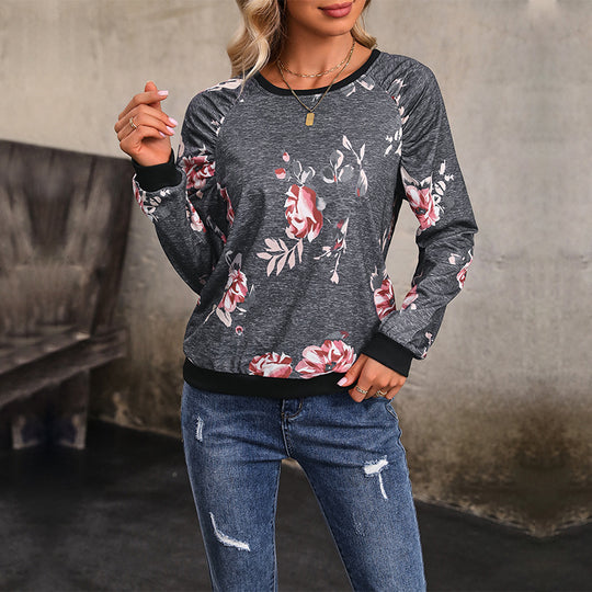 Damen Lässiges Raglan-Sweatshirt mit floralem Vintage-Muster und gerippten Bündchen Nord Taschen