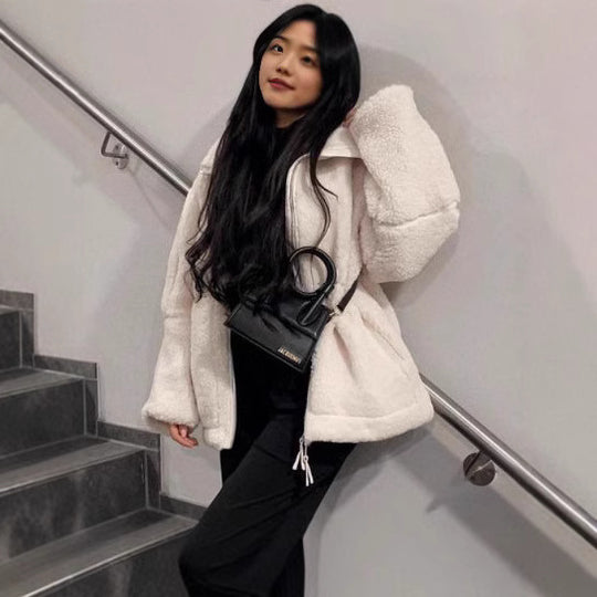 Damen Weit geschnittene Teddy-Fleecejacke mit hohem Stehkragen Nord Taschen