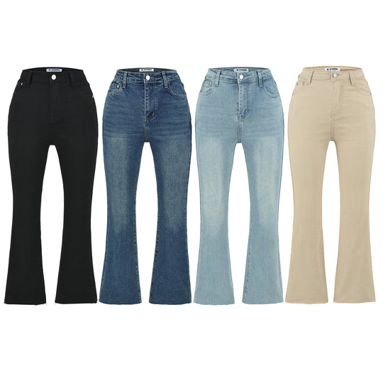Damen Highwaist-Schlaghose aus Stretch-Denim mit fünf Taschen und rohem Saum Nord Taschen