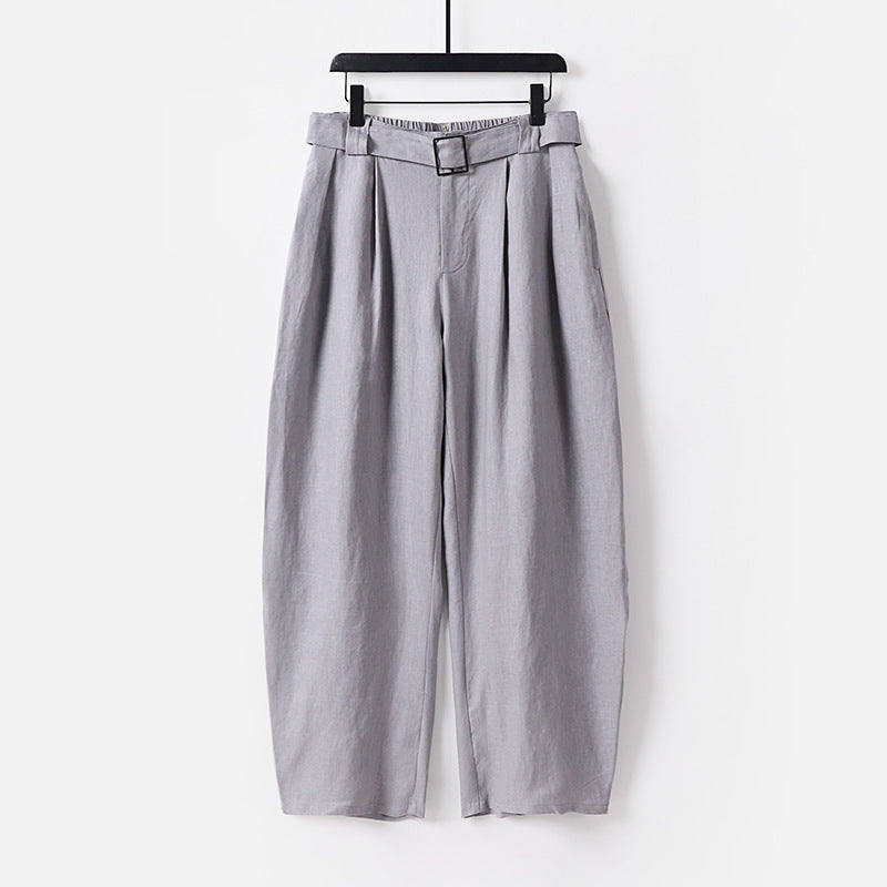 Damen Hochgeschnittene weite Leinenmix-Hose mit Bundfalten und Stoffgürtel Nord Taschen