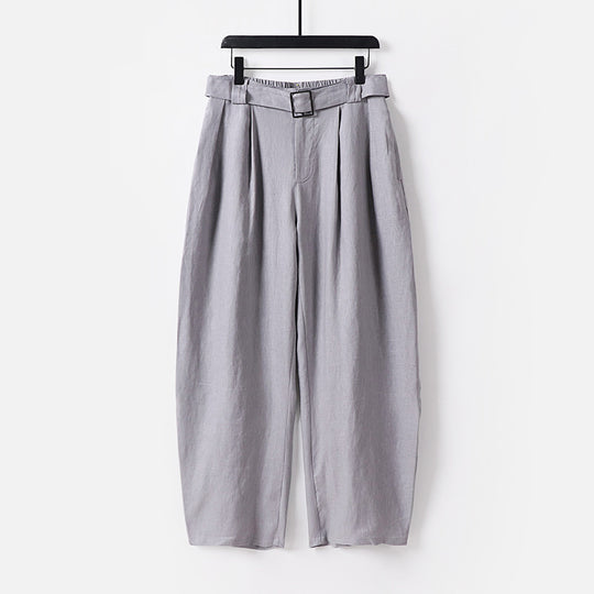 Damen Hochgeschnittene weite Leinenmix-Hose mit Bundfalten und Stoffgürtel Nord Taschen