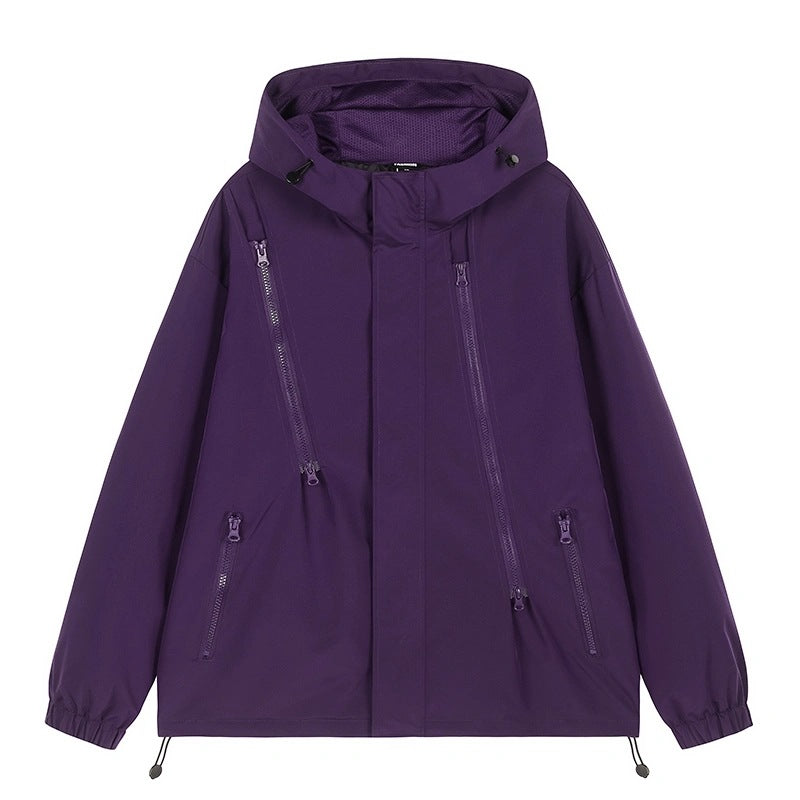 Damen Kurze technische Kapuzenjacke mit asymmetrischen Reißverschlüssen & Kordelzug Nord Taschen