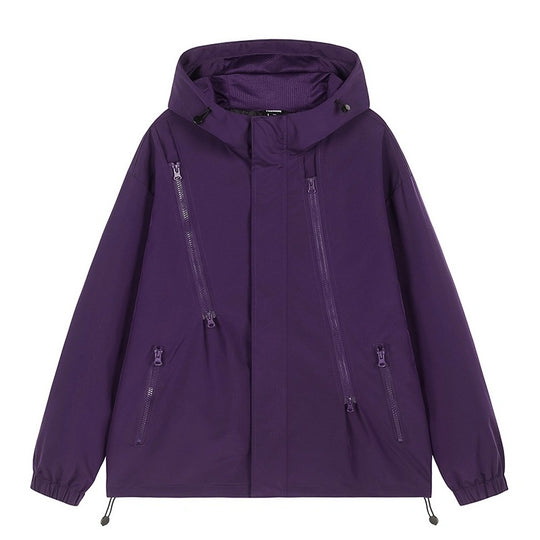 Damen Kurze technische Kapuzenjacke mit asymmetrischen Reißverschlüssen & Kordelzug Nord Taschen