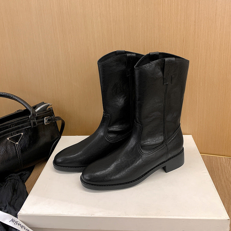 Damen Mid-Calf Western-Stiefel aus Glattleder mit niedriger Blockabsatz Nord Taschen
