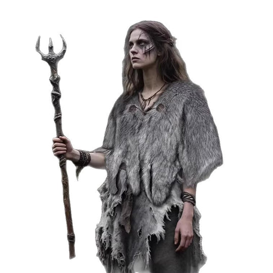 Damen Wikinger‑inspiriertes Faux‑Fur‑Cape mit rustikaler Fransenoptik und Schulterüberwurf Nord Taschen