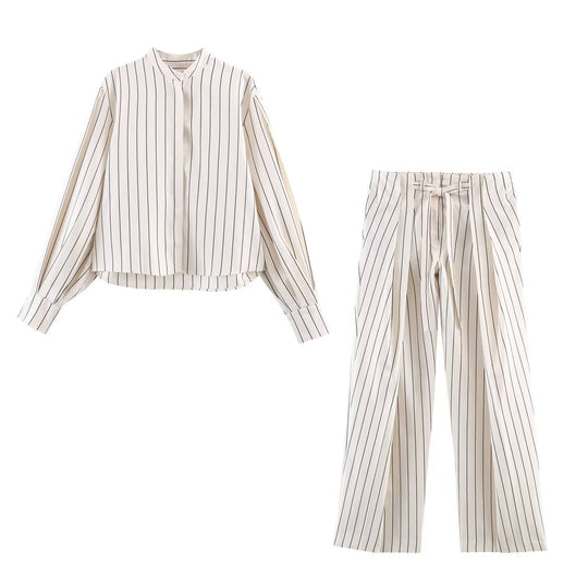 Damen Zweiteiliges Lässiges Nadelstreifen-Set: Stehkragen-Bluse & Weite Highwaist-Hose Nord Taschen