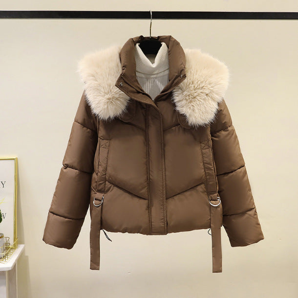 Damen nan kurze Thermo-Pufferjacke mit abnehmbarem Webpelzkragen, hochschließendem Stehkragen und Tunnelzugsaum Nord Taschen