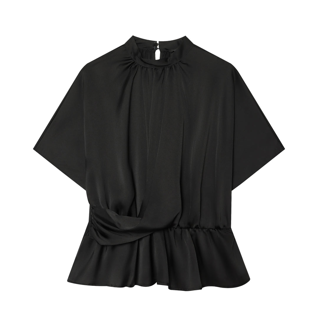 Damen Elegante Bluse mit Stehkragen, geraffter Taille und Volant-Saum Nord Taschen