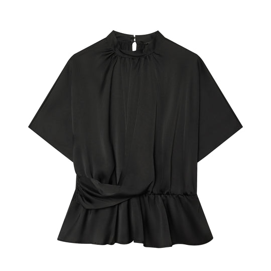 Damen Elegante Bluse mit Stehkragen, geraffter Taille und Volant-Saum Nord Taschen