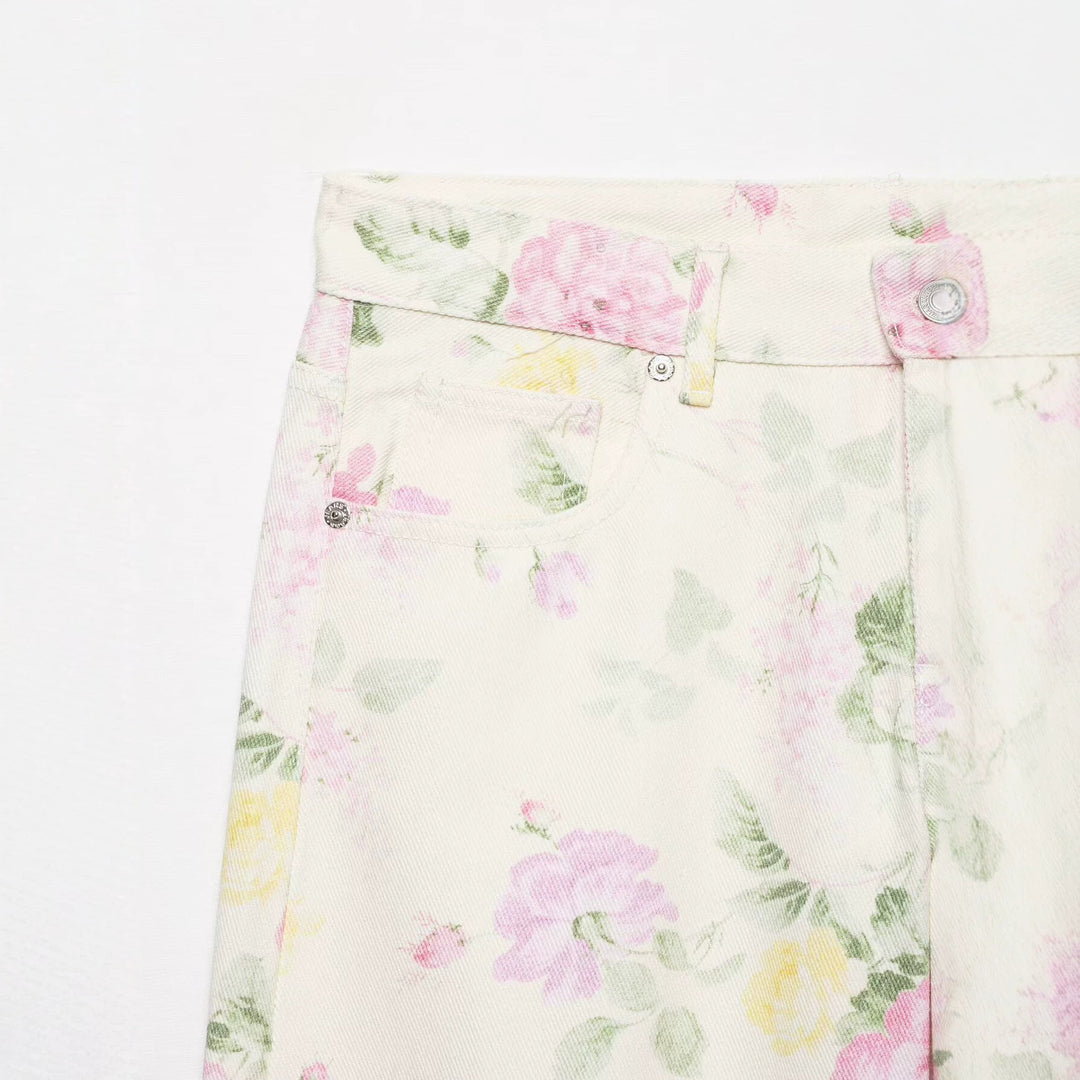 Damen Hochtaillierte weite Jeanshose mit zartem Blumenmuster und Fünftaschen-Schnitt Nord Taschen