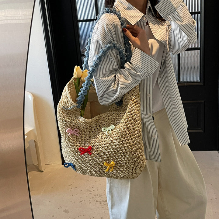 Damen Strandtasche aus handgewebtem Naturmaterial mit gestreiften Griffen Nord Taschen