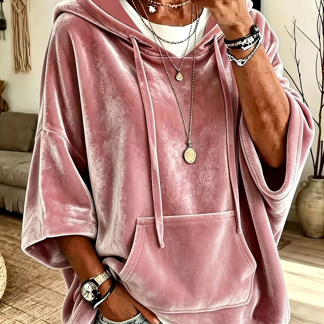 Damen Oversize Samt-Hoodie mit halbarm, Kapuze und Kängurutasche Nord Taschen