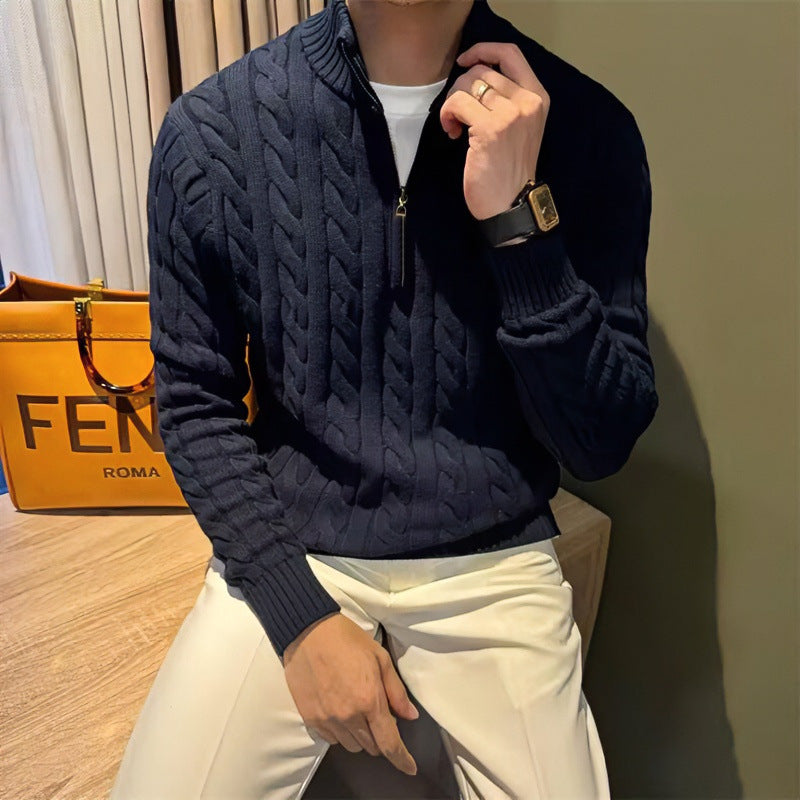 Herren Zopfstrick-Halbzip-Pullover mit Stehkragen Nord Taschen