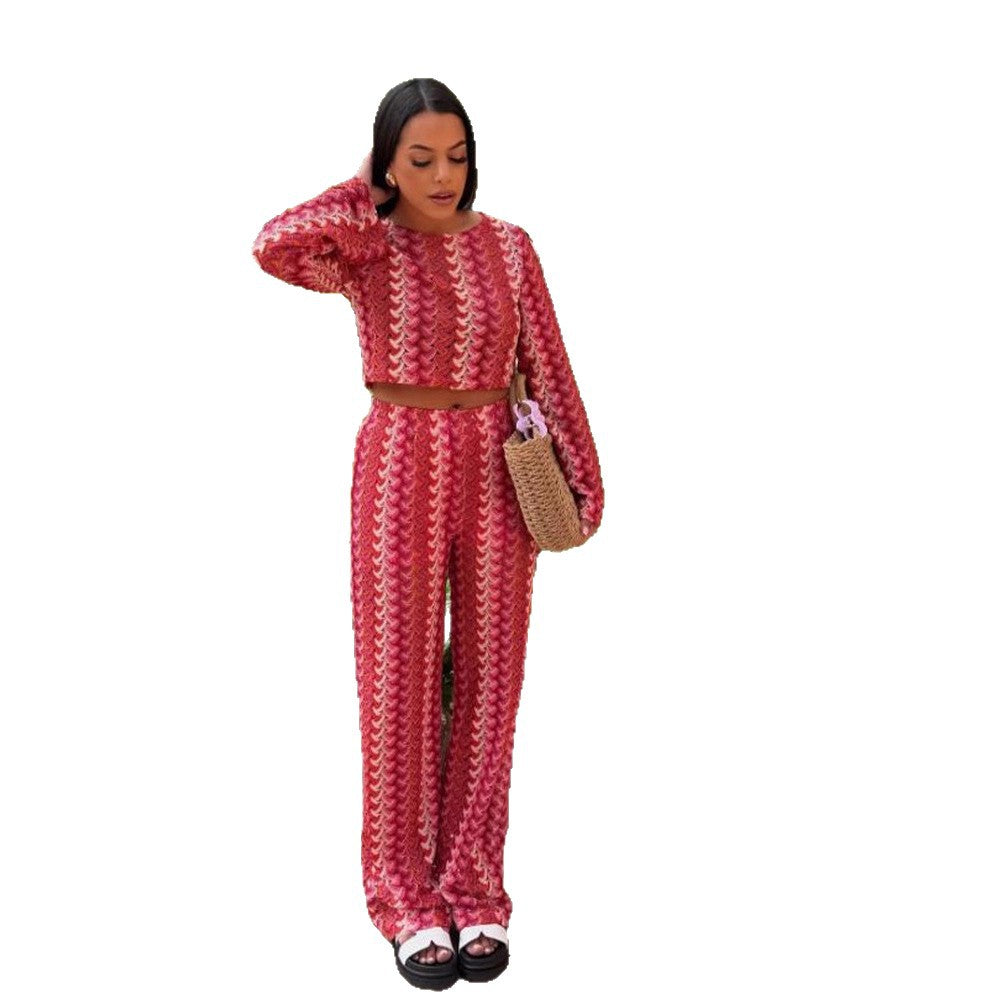 Damen Gehäkeltes zweiteiliges Lounge-Set mit kurzem Pullover und hochtaillierter Palazzo-Hose Nord Taschen