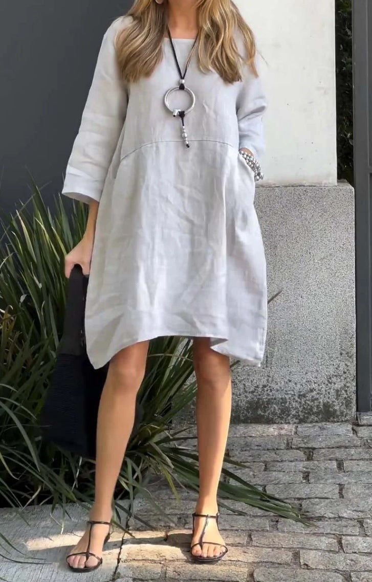 Damen lässiges Leinenkleid mit praktischen Taschen und asymmetrischem Saum