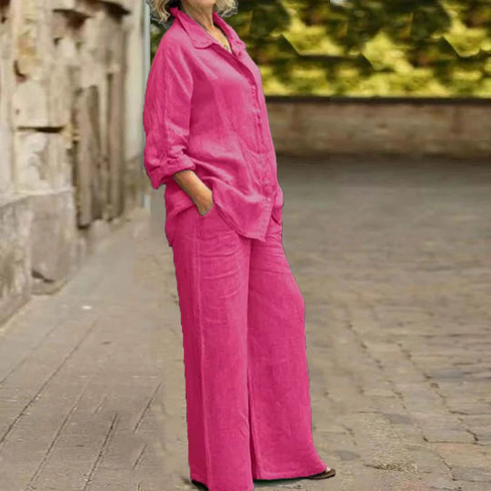 Damen Relaxed-Buttondown-Hemd und High-Waist-Palazzo im Leinenoptik Nord Taschen