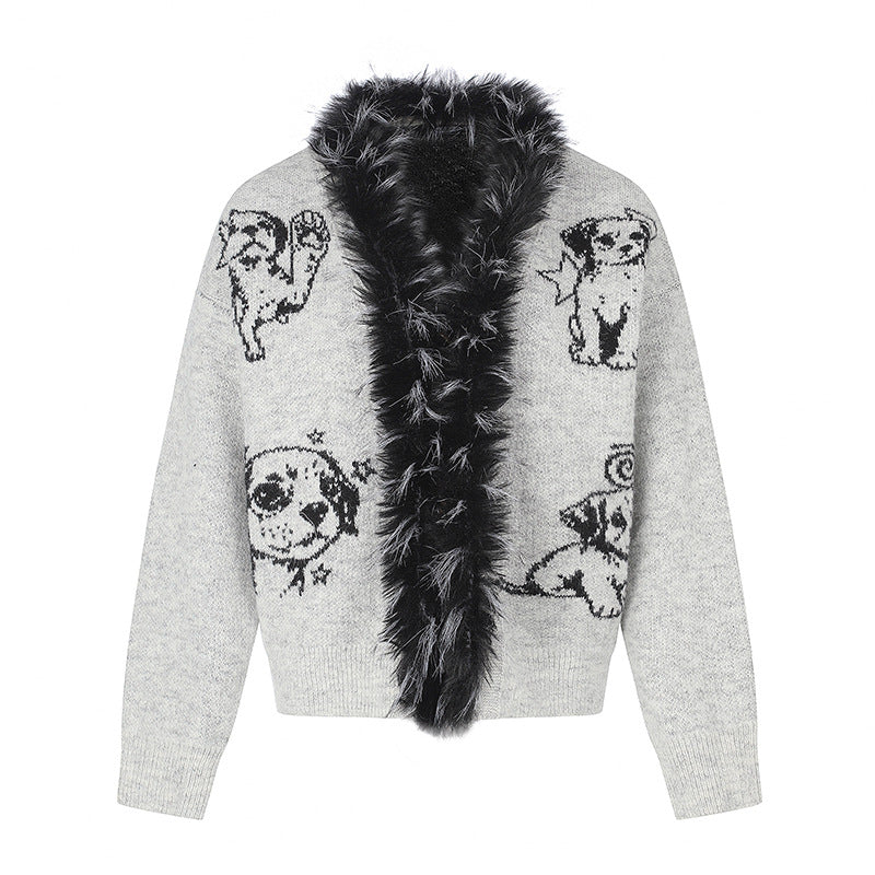 Damen Strickjacke mit Kunstfellkragen und illustrativem Hundemotiv Nord Taschen