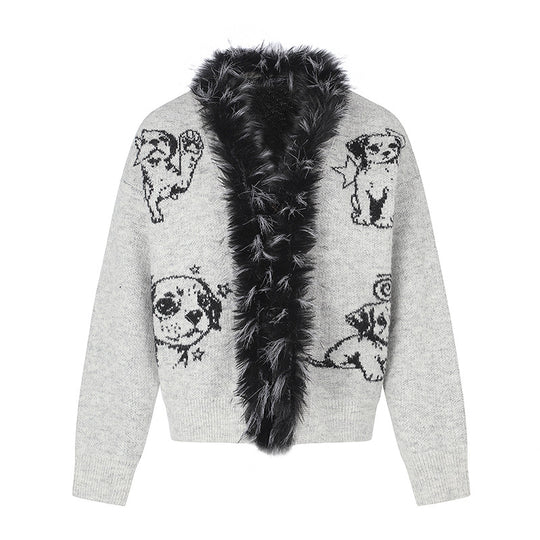 Damen Strickjacke mit Kunstfellkragen und illustrativem Hundemotiv Nord Taschen