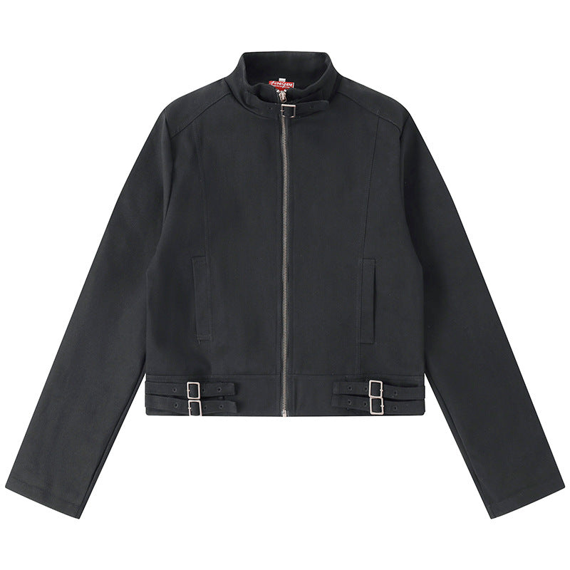 Damen Kurz geschnittene Baumwoll-Utility-Jacke mit Stehkragen Frontreißverschluss und verstellbaren Taillenriemen Nord Taschen