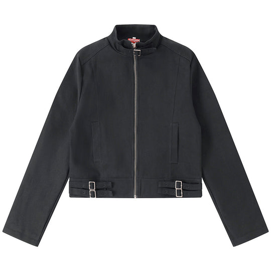 Damen Kurz geschnittene Baumwoll-Utility-Jacke mit Stehkragen Frontreißverschluss und verstellbaren Taillenriemen Nord Taschen