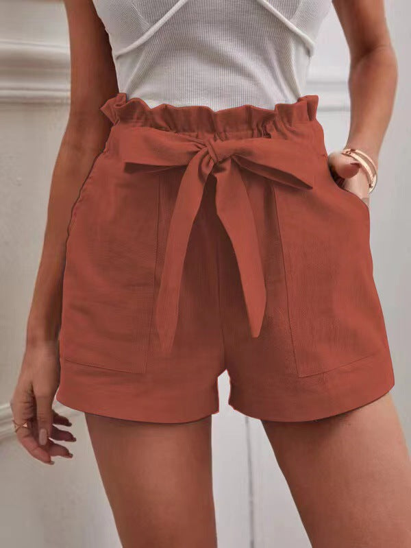 Damen kurze Lockere Leinenhose mit Bindegürtel