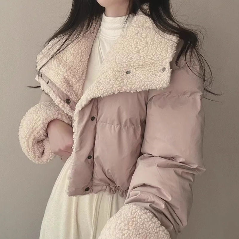 Damen nan kurze gesteppte Pufferjacke mit Teddykragen, krempelbaren Ärmeln und Tunnelzugsaum Nord Taschen