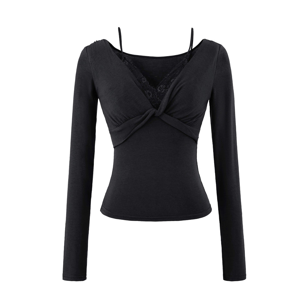 Damen Figurbetontes Langarm-Top mit Twist-Detail, Spitzeneinsatz und V-Ausschnitt Nord Taschen
