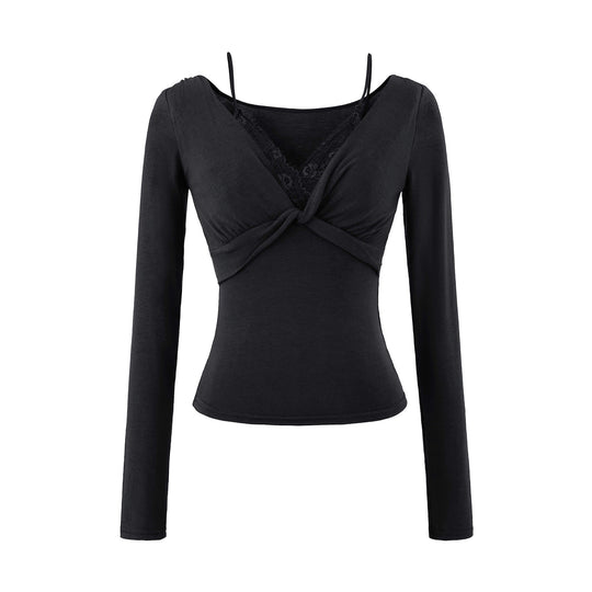 Damen Figurbetontes Langarm-Top mit Twist-Detail, Spitzeneinsatz und V-Ausschnitt Nord Taschen
