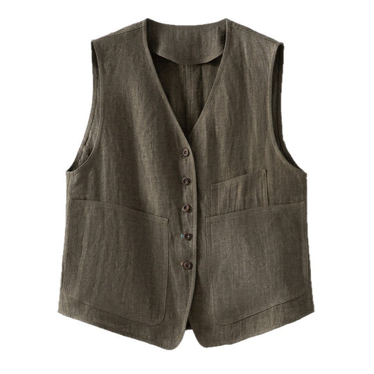 Damen Leichte Leinenweste im Utility-Look mit V-Ausschnitt und großen Aufgesetzten Taschen Nord Taschen