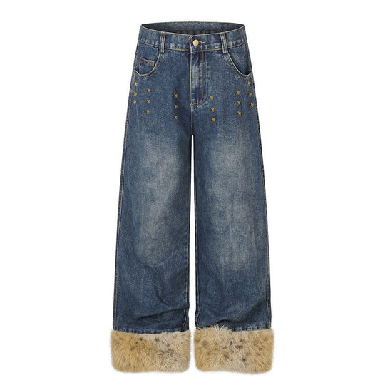 Damen Weite Denim-Palazzo-Jeans mit Fellbündchen und Nieten Nord Taschen