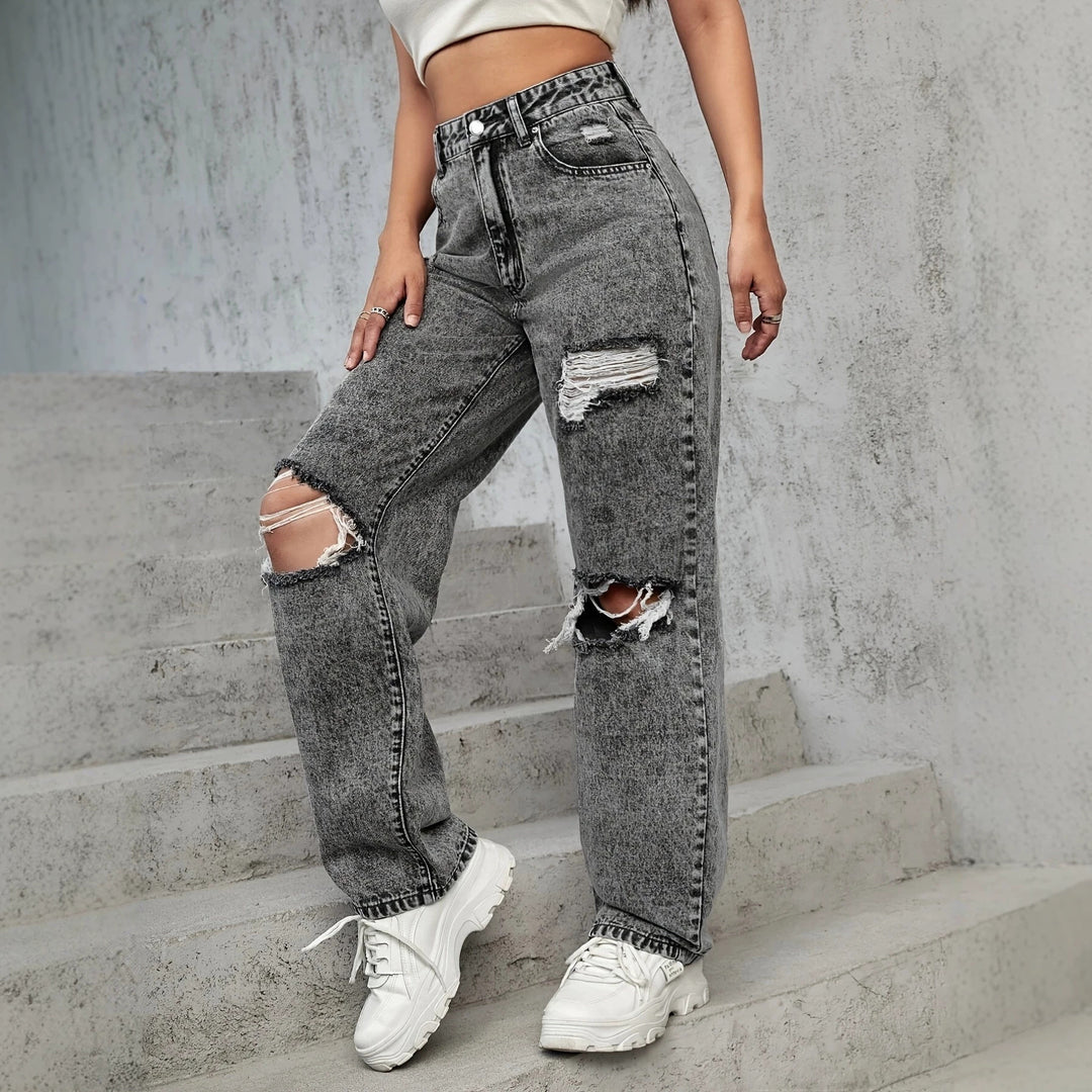 Damen High‑Waist Destroyed Wide‑Leg Jeans mit Knieauschnitten Nord Taschen