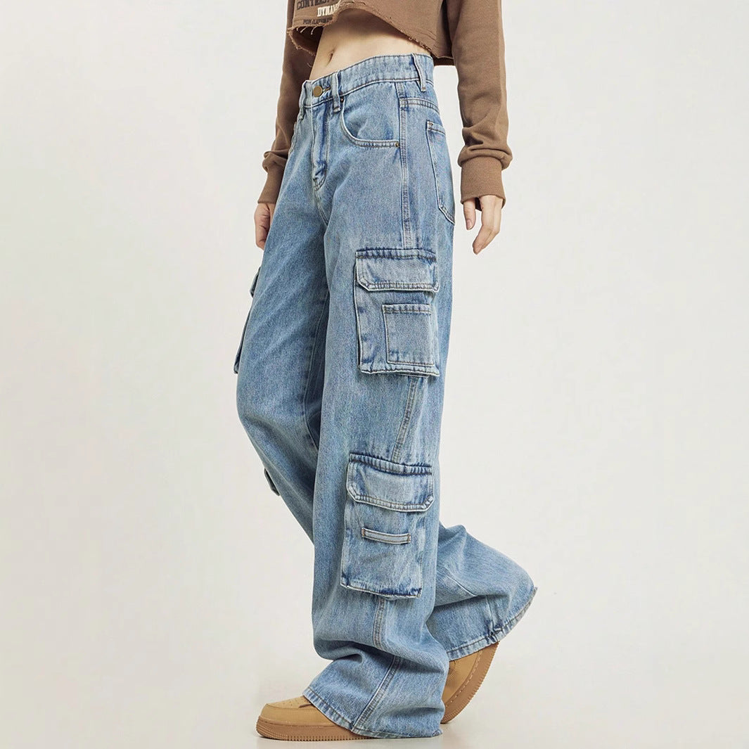 Damen Weite Cargo-Denim-Jeans mit mehreren Klapptaschen und relaxed Fit Nord Taschen