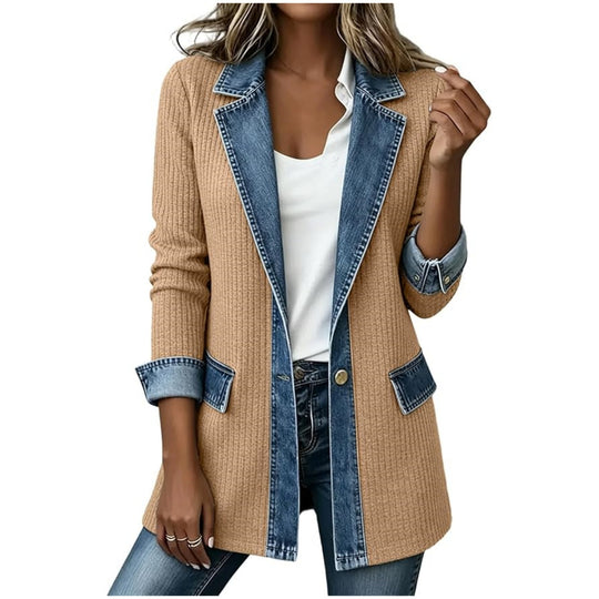 Damen Strickblazer mit Jeansbesatz und Reverskragen Nord Taschen