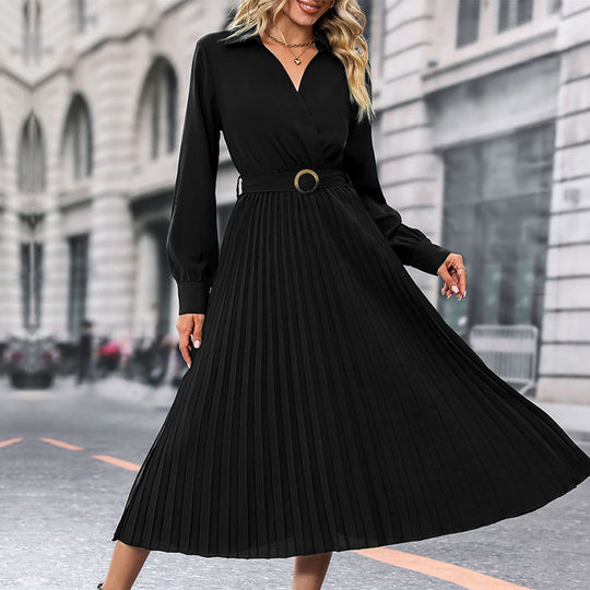 Damen Elegantes Plissee-Kleid mit Gürtel Nord Taschen