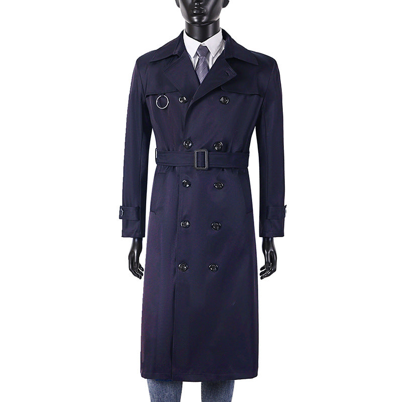 Herren Doppelreihiger Trenchcoat mit Taillierung, Reverskragen und dekorativem Metallring Nord Taschen