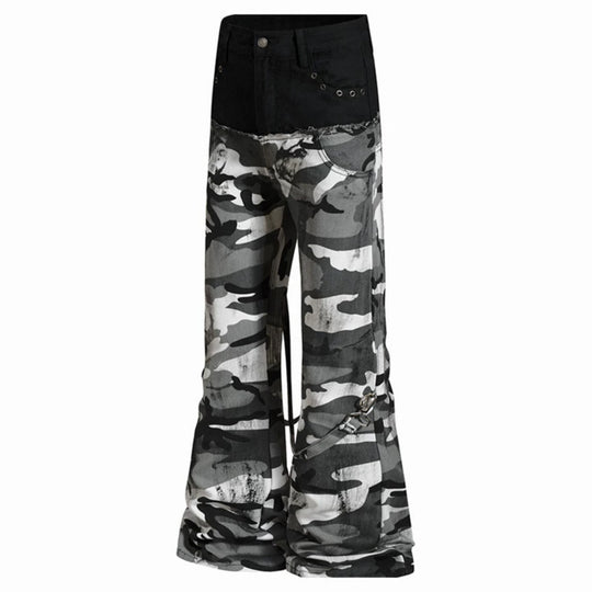 Damen Weite High‑Waist Cargohose im Camouflage‑Look mit Bondage‑Riemen Nord Taschen