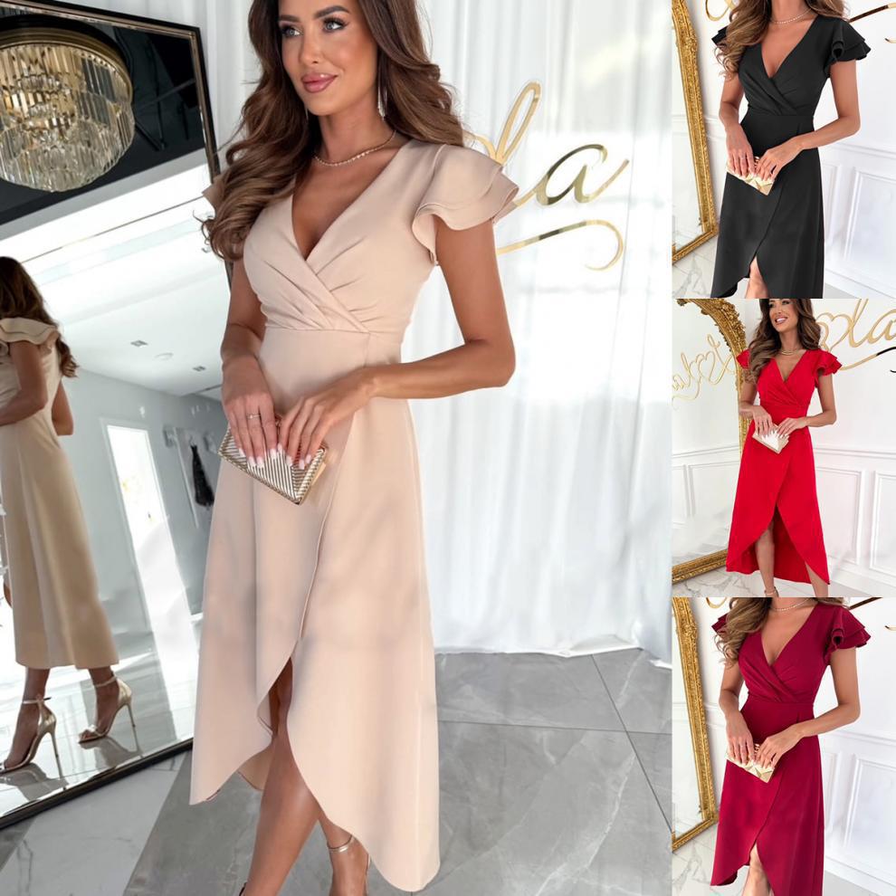 Damen elegantes Wickelkleid mit Rüschenärmeln und seitlichem Schlitz - Arvani