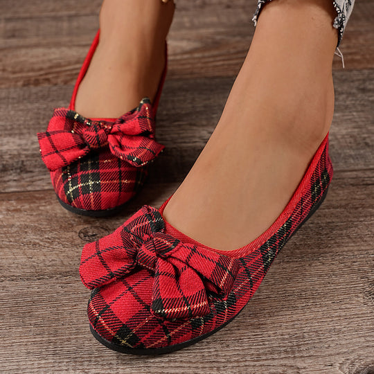 Damen  karierter Ballerina Slipper mit dekorativer Schleife und gepolstertem Komfortfußbett Nord Taschen