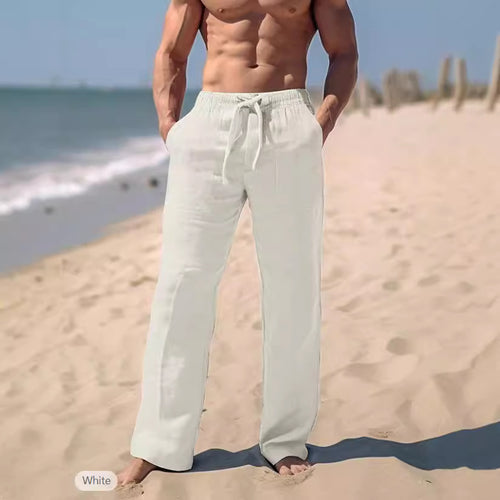 Herren gerade geschnittene Leinen-Loungehose mit Kordelzug, tiefen Eingrifftaschen und atmungsaktiver Struktur Nord Taschen