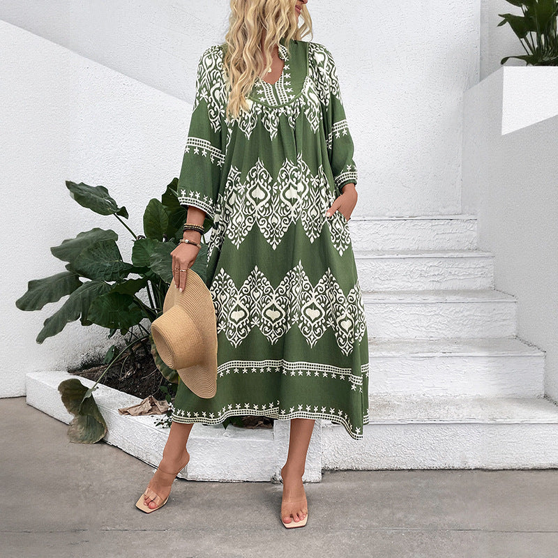 Damen Langes Boho‑Maxikleid mit lockerer A‑Linie, U‑Ausschnitt und aufgesetzten Taschen Nord Taschen