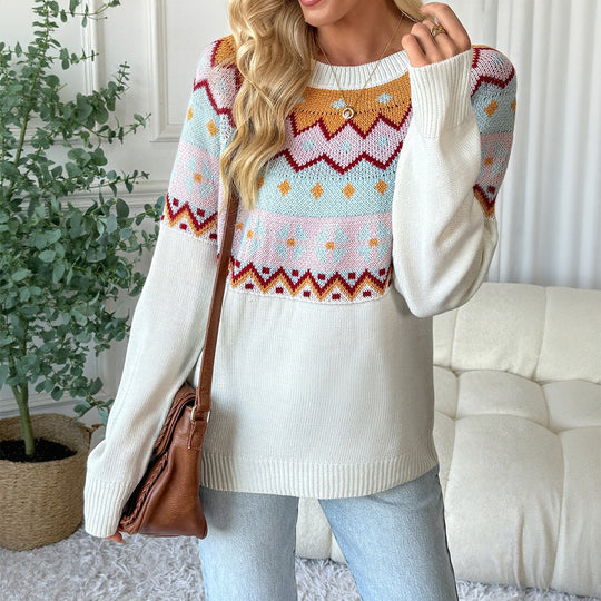 Damen Fair‑Isle Strickpullover mit Rundhals, Langarm & Relaxed‑Fit Nord Taschen