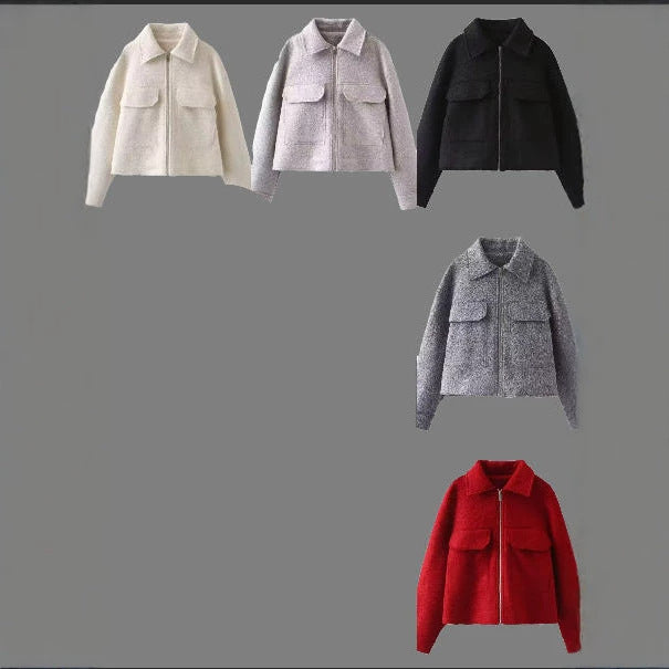 Damen Kurz geschnittene Bouclé‑Jacke mit durchgehendem Reißverschluss und Pattentaschen Nord Taschen