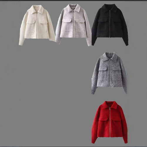 Damen Kurz geschnittene Bouclé‑Jacke mit durchgehendem Reißverschluss und Pattentaschen Nord Taschen
