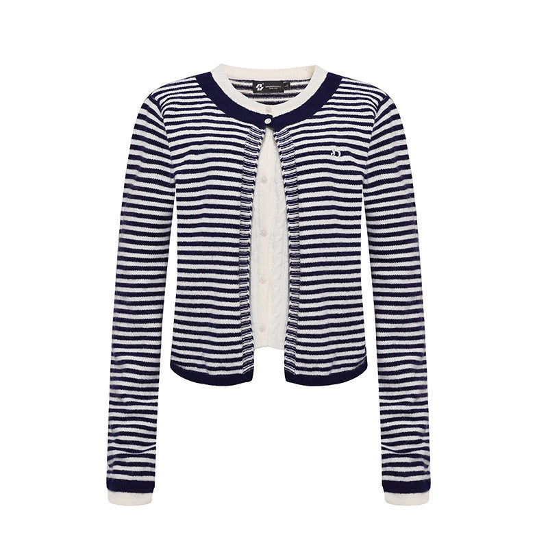 Damen Kurze Lagen-Strickjacke mit Rundhals und feinen Streifen Nord Taschen