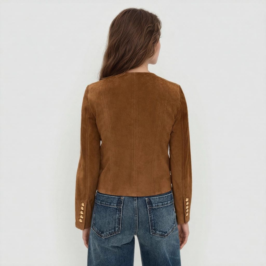 Damen Taillierte Wildlederoptik‑Jacke mit Stehkragen und Zierknopfleiste Nord Taschen